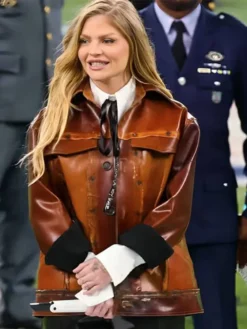 NFL Packers vs Eagles 2026 Luisa Sonza Performance Brown Leather Jacket front view