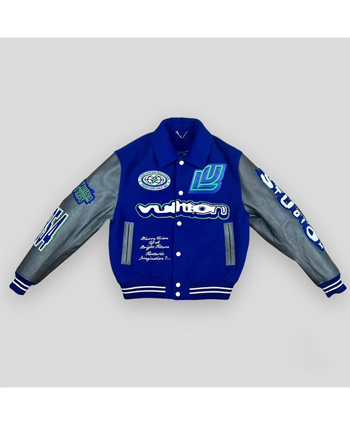 NFL San Francisco 49ers Trent Williams Embroidered Louis Vuitton Blue And Grey Varsity Jacket front view
