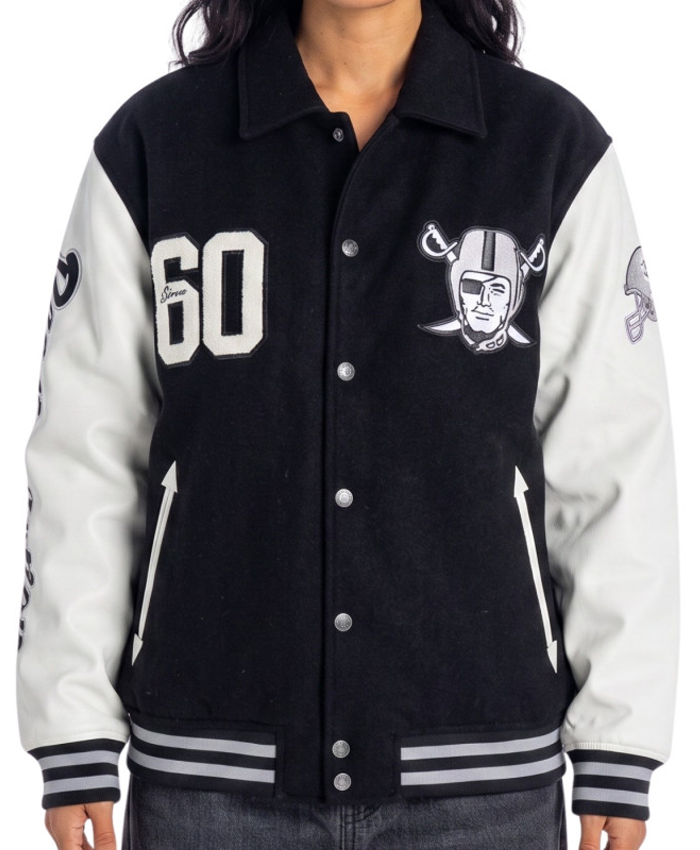 NFL Team Las Vegas Raiders Collared Black And White Varsity Jacket Sale