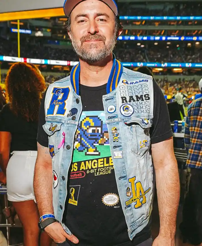 NFL Team Los Angeles Rams Beau Clark Patchwork Blue Denim Vest front view