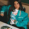 NFL Team Miami Dolphins Los Delfines de Miami Satin Teal Blue Varsity Jacket front view