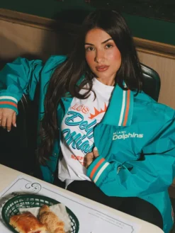 NFL Team Miami Dolphins Los Delfines de Miami Satin Teal Blue Varsity Jacket front view