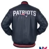 NFL Team New England Patriots Navy Blue Leather Varsity Bomber Jacket back view