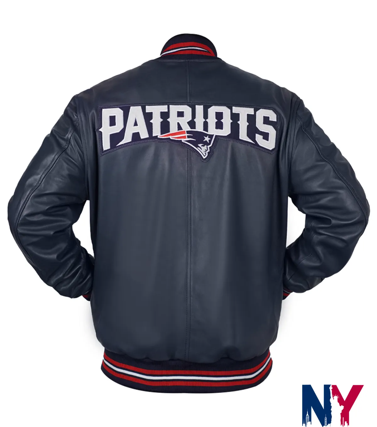 NFL Team New England Patriots Navy Blue Leather Varsity Bomber Jacket back view