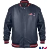 NFL Team New England Patriots Navy Blue Leather Varsity Bomber Jacket front view