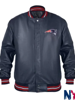 NFL Team New England Patriots Navy Blue Leather Varsity Bomber Jacket front view