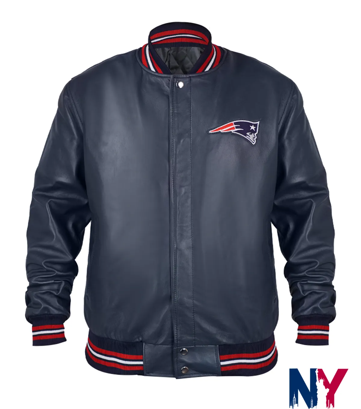 NFL Team New England Patriots Navy Blue Leather Varsity Bomber Jacket front view