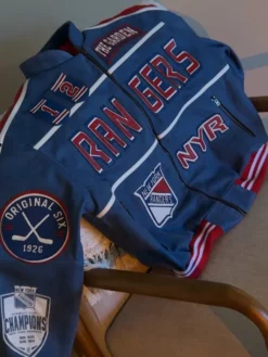 NHL Team New York Rangers Bomber Navy Blue Leather Jacket front view