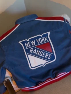 NHL Team New York Rangers Navy Blue Bomber Leather Jacket back view
