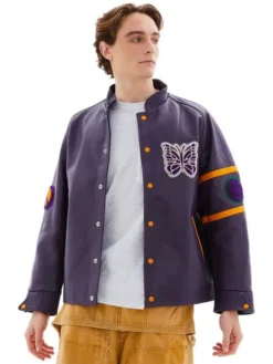 Needles Patched Letterman Purple Leather Jacket
