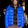 Close-up of Jordan Clarkson New York Fashion Week 2026 Glossy Blue Moncler Parachute Puffer Jacket