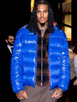 Close-up of Jordan Clarkson New York Fashion Week 2026 Glossy Blue Moncler Parachute Puffer Jacket