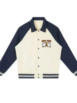 New York Knicks NBA Basketball 2026 Champions Off-White And Blue Fleece Varsity Jacket front view
