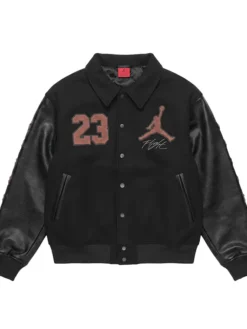 Nike x Jordan London Black Wool Leather LDN 23 Varsity Jacket front view