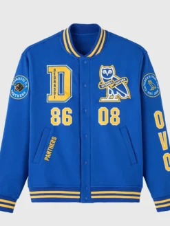 October's Very Own x Degrassi Fleece Royal Blue Varsity Letterman Jacket front view