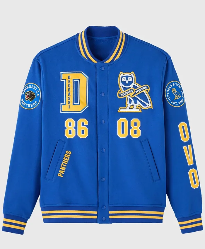 October's Very Own x Degrassi Fleece Royal Blue Varsity Letterman Jacket front view