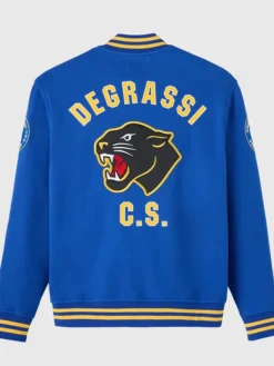 October's Very Own x Degrassi Royal Blue Fleece Letterman Varsity Jacket back view