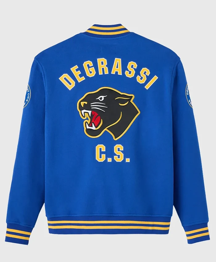 October's Very Own x Degrassi Royal Blue Fleece Letterman Varsity Jacket back view