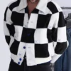 Off-White 10x10 SS27 Milan Fashion Week Fuzzy Black-White BACK Checkerboard Fleece Jacket front view