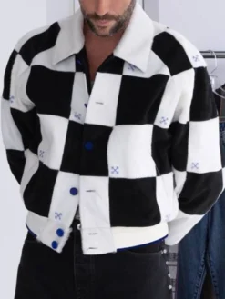 Off-White 10x10 SS27 Milan Fashion Week Fuzzy Black-White BACK Checkerboard Fleece Jacket front view