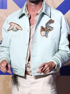 Off-White 10x10 SS27 Milan Fashion Week Stéphane Ashpool Blue Bird Patches Cotton Varsity Jacket front view