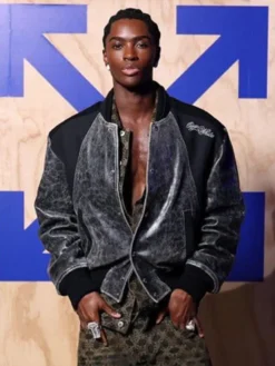 Off-White Imaginary Palace Distressed Alton Mason Leather Bomber Varsity Jacket For Sale