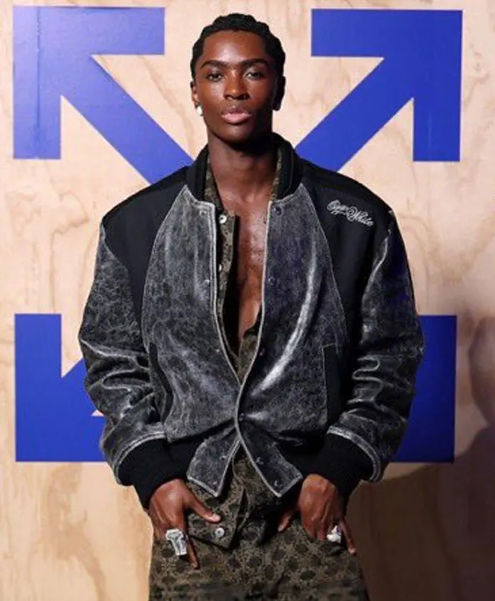 Off-White Imaginary Palace Distressed Alton Mason Leather Bomber Varsity Jacket For Sale