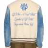 Off-White Mens Gothic Frozen Dew-Natural Blue Wool Denim Varsity Jacket back view