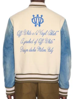 Off-White Mens Gothic Frozen Dew-Natural Blue Wool Denim Varsity Jacket back view