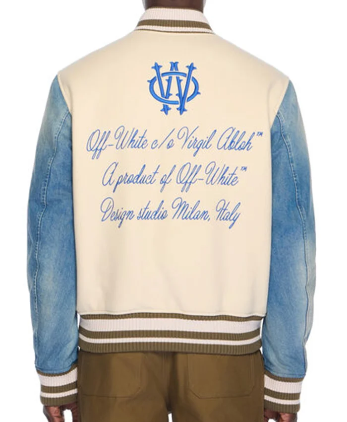 Off-White Mens Gothic Frozen Dew-Natural Blue Wool Denim Varsity Jacket back view