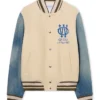 Off-White Mens Gothic Wool Denim Frozen Dew-Natural Blue Varsity Jacket front view