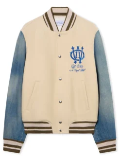 Off-White Mens Gothic Wool Denim Frozen Dew-Natural Blue Varsity Jacket front view