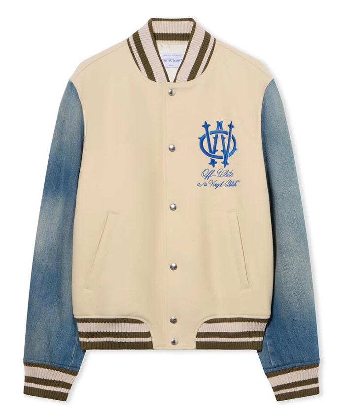 Off-White Mens Gothic Wool Denim Frozen Dew-Natural Blue Varsity Jacket front view