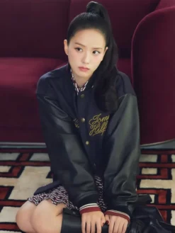 Order Now Jisoo Tommy Hilfiger Navy Wool-Blend Leather Varsity Jacket