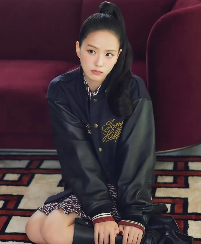 Order Now Jisoo Tommy Hilfiger Navy Wool-Blend Leather Varsity Jacket