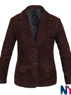 Order Now Women's Casual Dark Brown Suede Leather Blazer front view