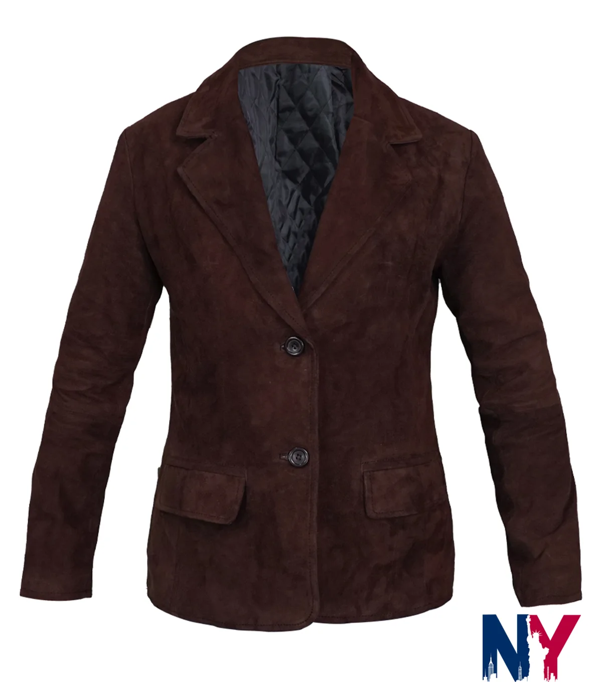 Order Now Women's Casual Dark Brown Suede Leather Blazer front view