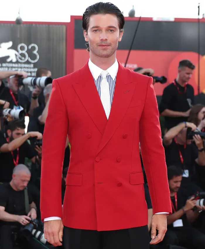 Patrick Schwarzenegger carpet in a sleek Red Blazer
