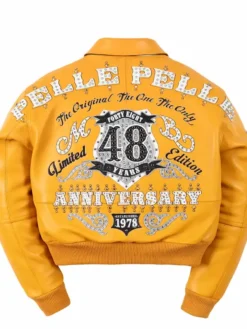 Pelle Pelle American Bruiser Women's 48 Anniversary Yellow Cropped Leather Bomber Jacket back view