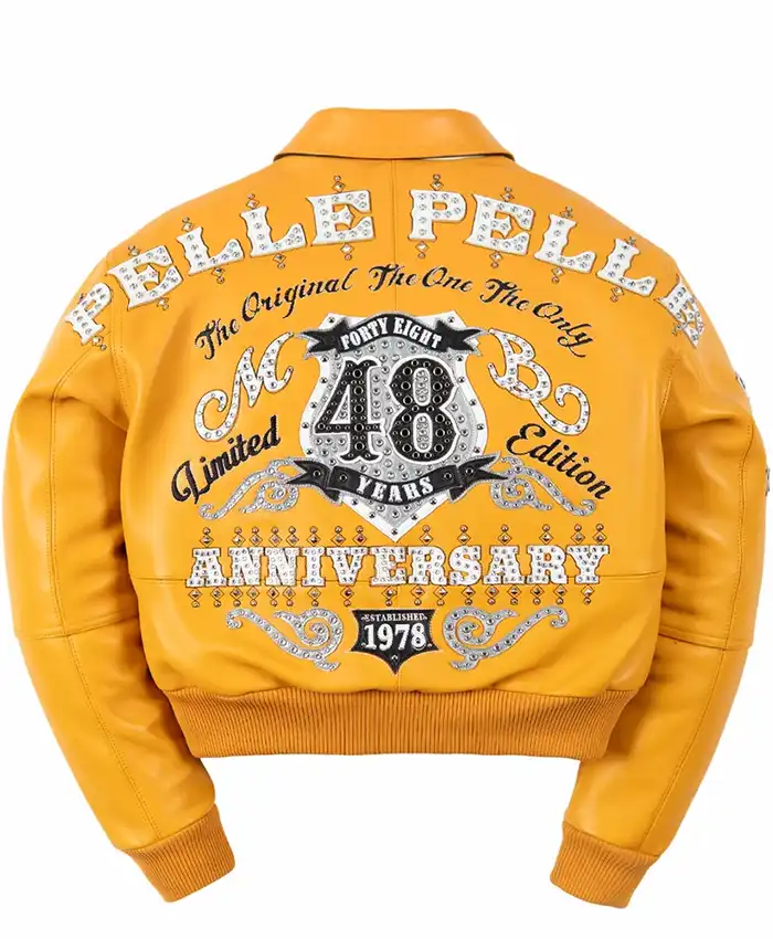 Pelle Pelle American Bruiser Women's 48 Anniversary Yellow Cropped Leather Bomber Jacket back view
