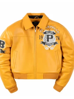 Pelle Pelle American Bruiser Women's 48 Anniversary Yellow Leather Bomber Cropped Jacket front view