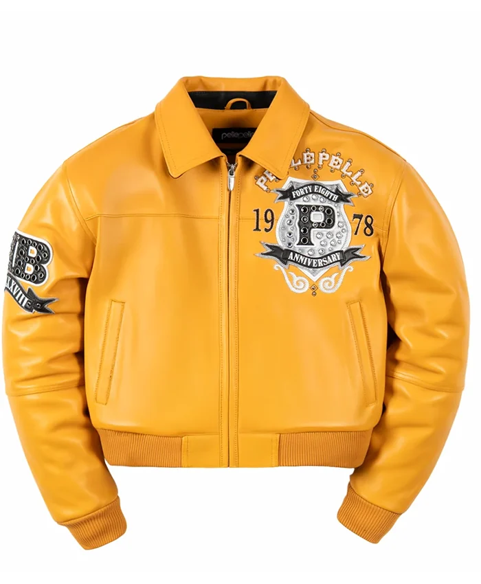Pelle Pelle American Bruiser Women's 48 Anniversary Yellow Leather Bomber Cropped Jacket front view