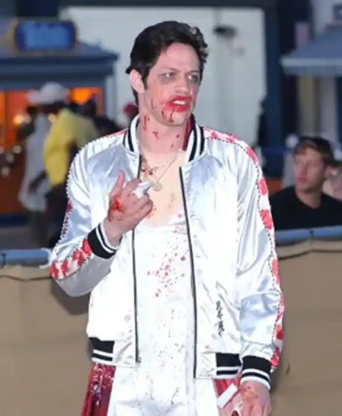 Pete Davidson Tommy Karate Thomas Pitera Halloween White Satin Bomber Jacket front view
