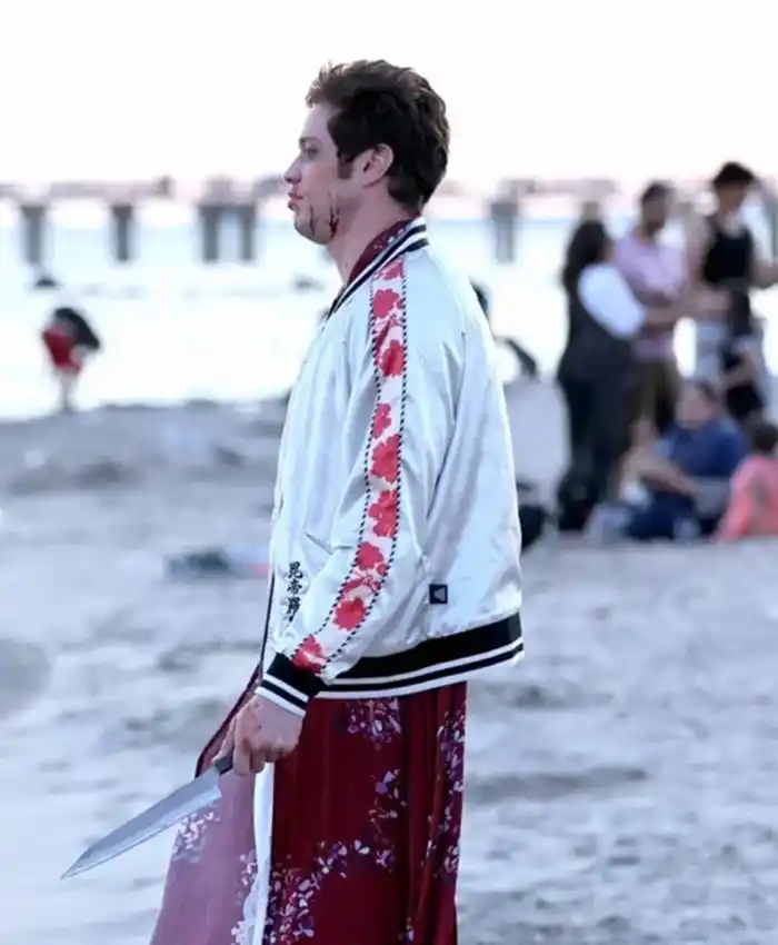 Pete Davidson Tommy Karate Thomas Pitera Halloween White Satin Bomber Jacket side view