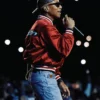 Pharrell Williams JAY-Z 30 Show Red satin letterman varsity jacket For Sale
