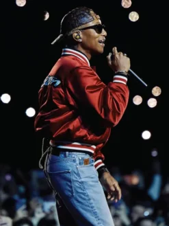 Pharrell Williams JAY-Z 30 Show Red satin letterman varsity jacket For Sale