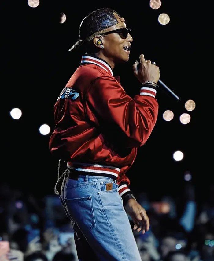 Pharrell Williams JAY-Z 30 Show Red satin letterman varsity jacket For Sale