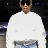 Pharrell Williams Louis Vuitton Paris Rehearsals White Satin Bomber Varsity Jacket front view