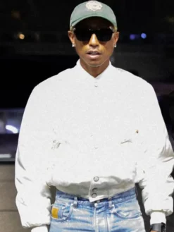 Pharrell Williams Louis Vuitton Paris Rehearsals White Satin Bomber Varsity Jacket front view