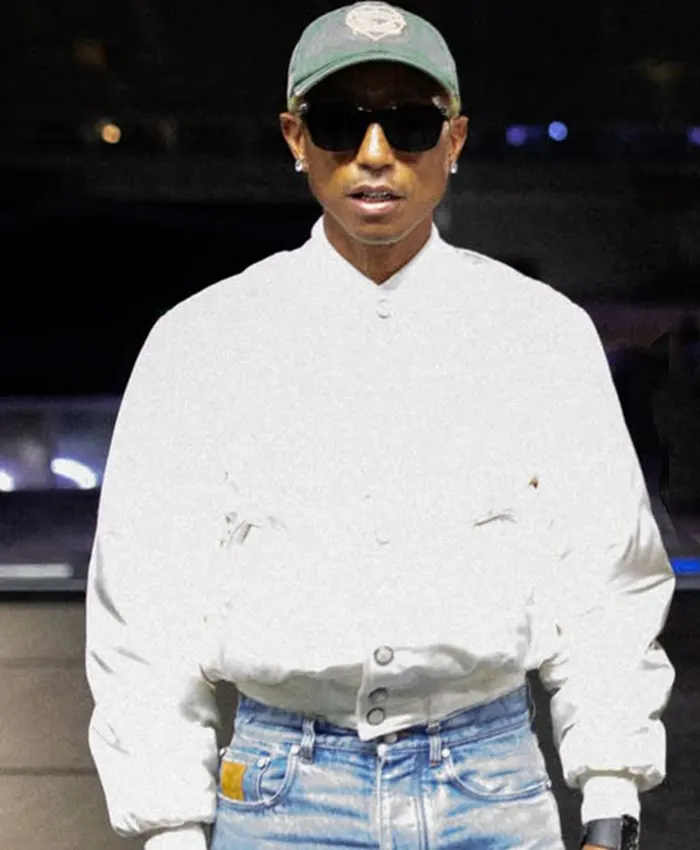 Pharrell Williams Louis Vuitton Paris Rehearsals White Satin Bomber Varsity Jacket front view